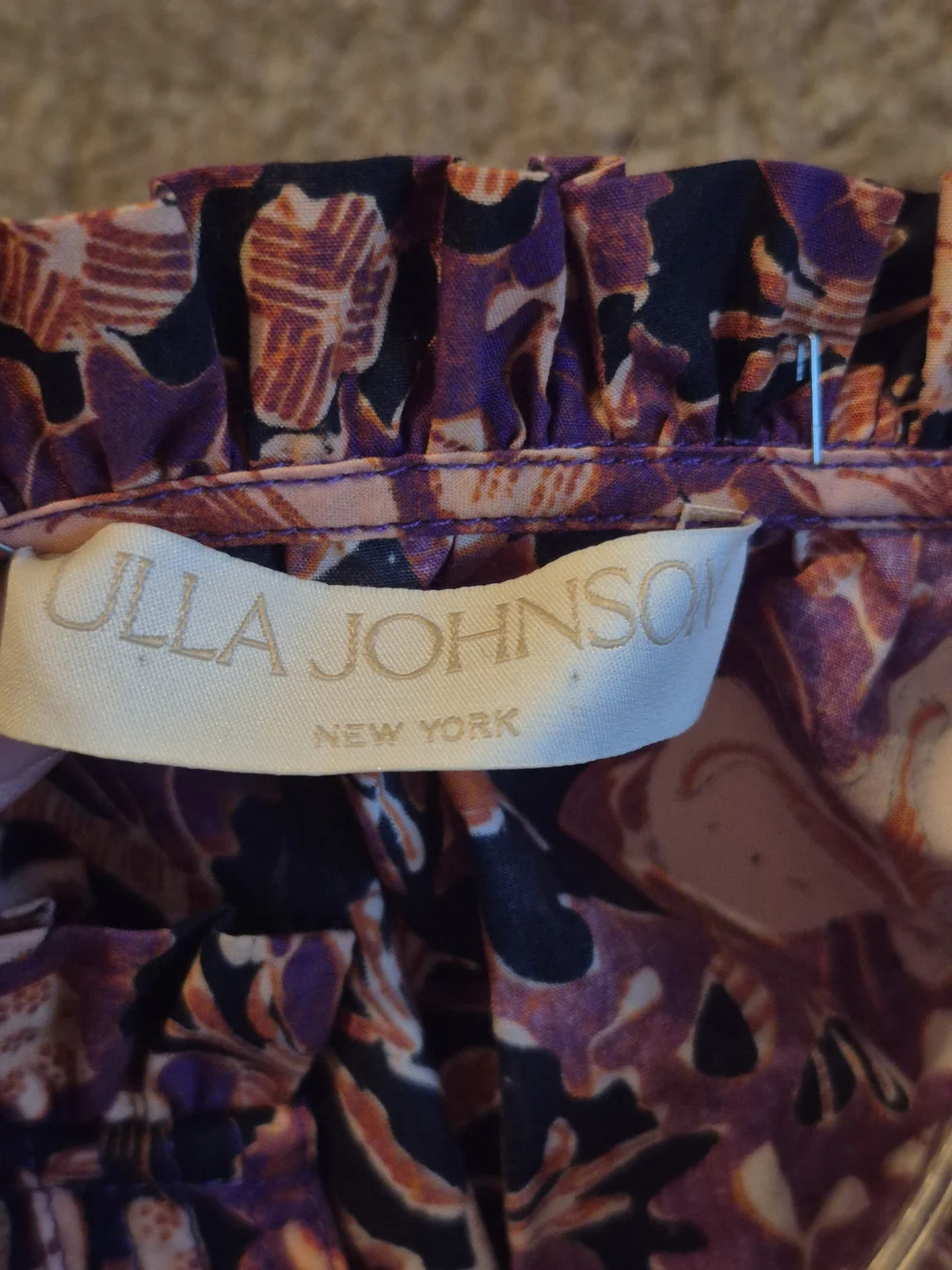 Ulla Johnson Purple and Peach Floral Puff-Sleeve Blouse with Ruffled Neck
